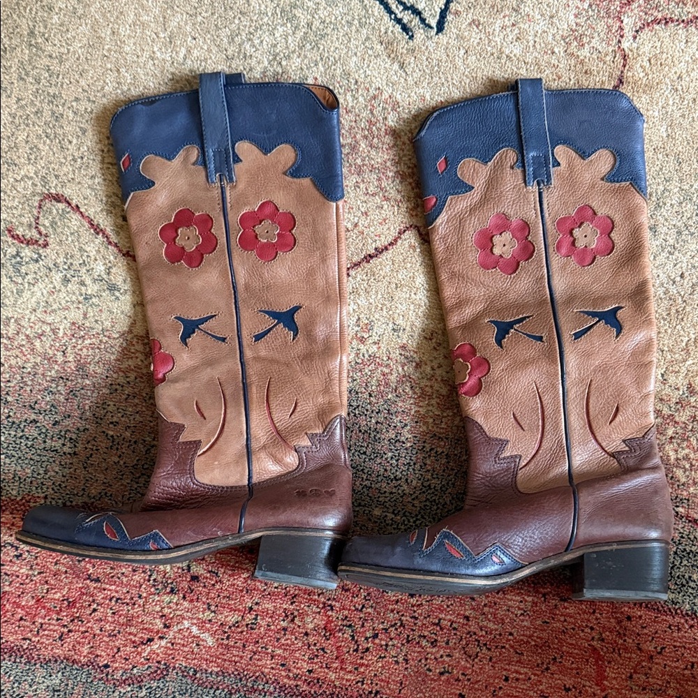 Lucky Brand Floral Bird Heeled Cowboy Boots - Brown and Blue